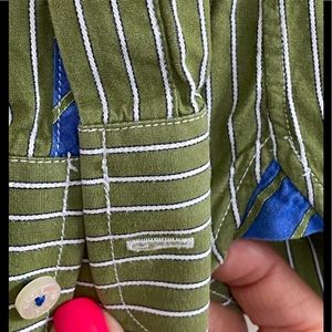 Hipster olive stripe casual button down shirt.